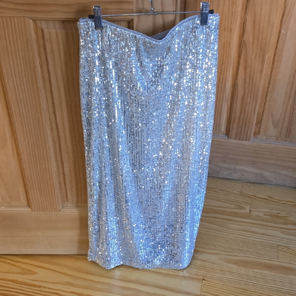 Ann Taylor Silver Sequin Pencil Skirt. Size 10 PETITE